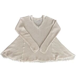 Mystree Beige Waffle Knit Cutout Shoulder Sweater Top Fringe Hem Size Large